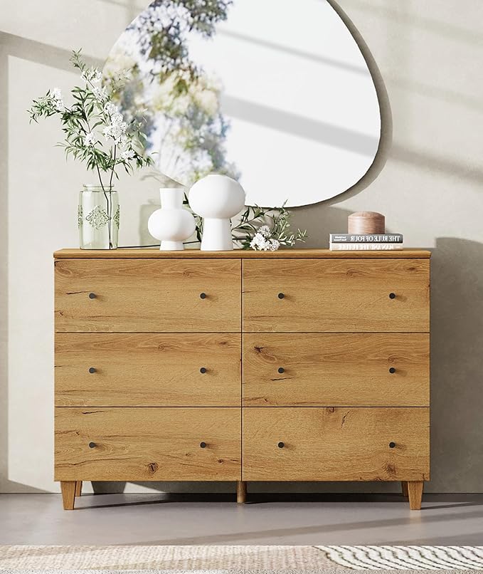 WAMPAT Dresser with 6 Drawers for Bedroom, Wooden Kids Dressers with Wide Chest of Drawers, Modern Closet Storage Organizer Furniture with Solid Wood Legs for Living Room, Hallway, Nursery, Oak Brown