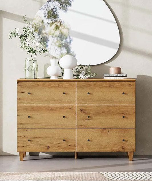 WAMPAT Dresser with 6 Drawers for Bedroom, Wooden Kids Dressers with Wide Chest of Drawers, Modern Closet Storage Organizer Furniture with Solid Wood Legs for Living Room, Hallway, Nursery, Oak Brown