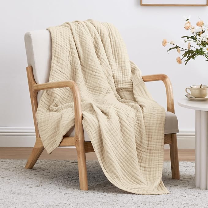 Love's cabin 6 Layer 100% Cotton Muslin Blanket, 60"x80" Twin Muslin Blanket for Couch Bed, Lightweight and Breathable Cotton Gauze for Adult, Beige