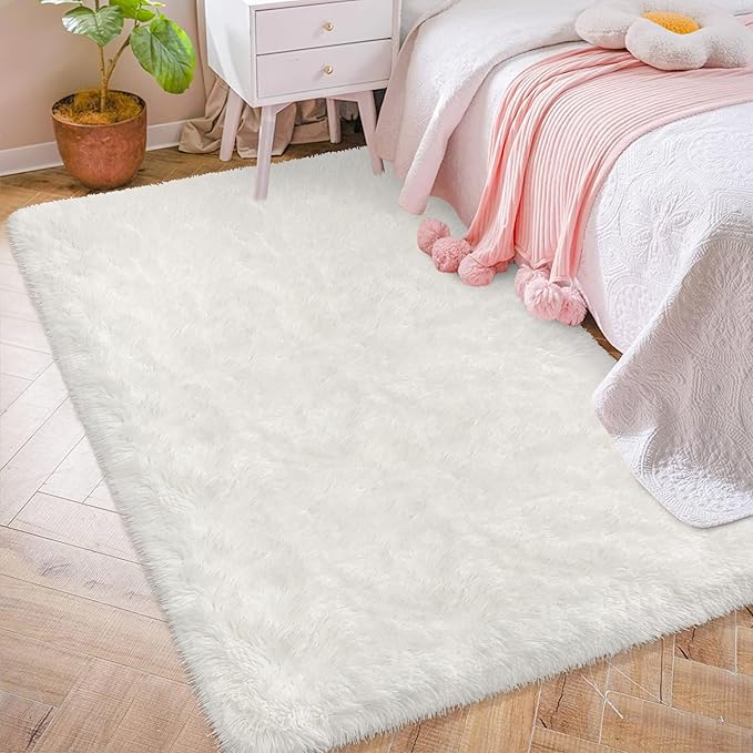 Soft Fluffy White Rug for Bedroom Living Room, 4x6 Furry Cream Area Rug Soft Fuzzy Shag Carpet for Boys Girls Room Dorm Dresser Bedside, Plush Thick Throw Kids Shaggy Rug Non-Slip for Nursery