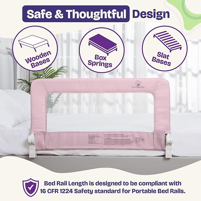ComfyBumpy 1-Pack Bed Rail for Toddlers 35.5" L x 19.5" H | Toddler Bed Rails for Twin, Full & Toddler Bed Size | Swing Down Bed Rail Guard | Baby Bed Side Rail for Kids | Pink