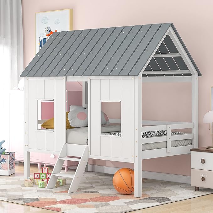Merax Twin Size Wooden House Bed, Low Loft Bed Frames with Two Front Windows and Roof for Girls and Boys, White(Grey Roof)