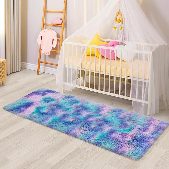 Shaggy Tie Dyed Light Blue Purple Runner Rug 2x6 ft Bedside Area Rugs for Living Room, Anti-Skid Extra Comfy Fluffy Floor Carpet for Indoor Hallway Home Decorative