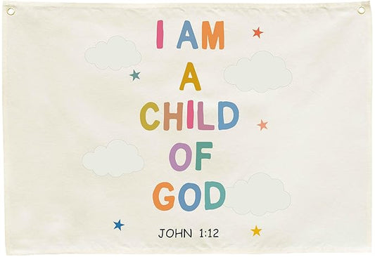 Christian Bible Verse Scripture Rectangular Banner Flag Wall Sign Decor Gift for Baby Girl Women-Nursery Baby Room Bedroom Decor-Baby,Shower Birthday Christmas Gift-I am a Child of God