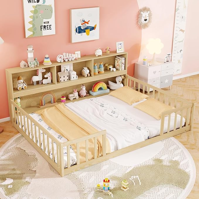 KOMFOTT Full Floor Bed with Bookcase & Shelves, Wood Bed Frame with Bedside Bookshelves & Guardrails, Versatile 2-in-1 Montessori Floor Bed for Kids (Full,Natural)