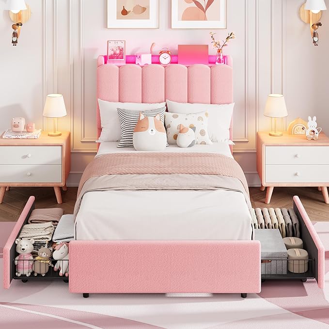 Garvee LED Twin Size Bed Frame with Storage Headboard, Kids Bed Frame with 2 Drawers, Boucle Upholstered Platform Bed for Girls, Chic Wavy Headboard with Bookcase, No Box Spring Needed, Pink