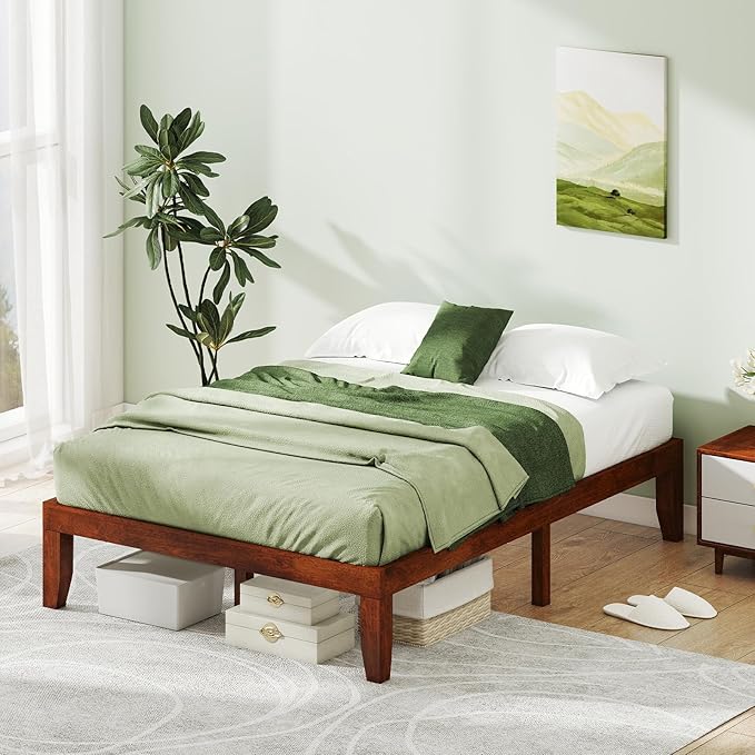 KOMFOTT 14 Inches Wood Platform Bed Frame Full Size, Wooden Mattress Foundation with Rubber Wood Frame, Strong Wooden Slat Support, No Box Spring Needed, Bed Frame (Brown Cherry)