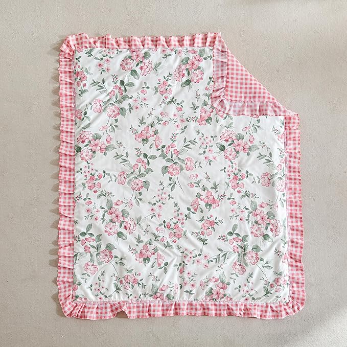 3 Pieces Pink Rose Flowers Mini Crib Bedding Set Baby Ruffled Quilted Comforter with Fitted Sheet and Bed Skirt - Cute Ruffled Shabby Chic Baby Girls Bedding Soft Blanket Floral Design
