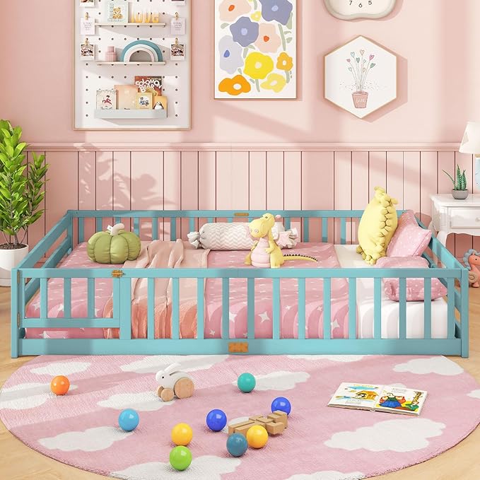 Giantex Queen Floor Bed with Door & Fence, Kids Wood Montessori Beds with Safety Guardrails, Floor Bed Twin for Kids, Boys, Girls, No Box Spring Needed, ICY Aqua