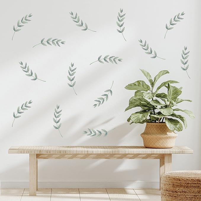 Decalcomania Greenery Leaves Wall Decals - Set of 18 Large Green Leaf Wall Stickers for Kitchen Bedroom Living Room Laundry Bathroom Decor Removable Peel and Stick Indoor Wall Decor