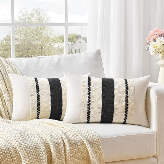 Fancy Homi Set of 2 Boho Black Long Lumbar Decorative Throw Pillow Cover 12x24 Inch for Couch Bed Sofa Chair, Modern Organic Farmhouse Home Decor, Soft Cotton Cute Accent Rectangle Cushion Case