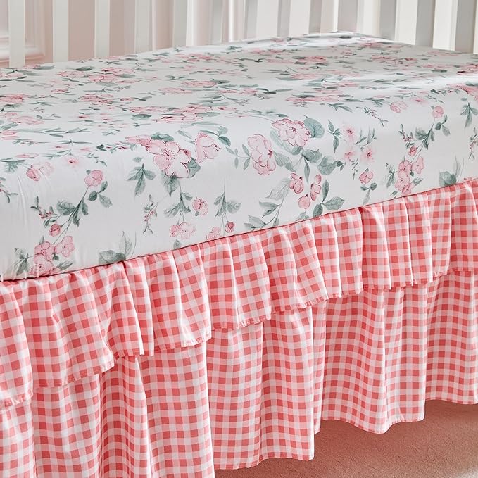 3 Pieces Pink Blue Rose Flowers Mini Crib Bedding Set Baby Ruffled Quilted Comforter with Fitted Sheet and Bed Skirt - Cute Ruffled Shabby Chic Baby Girls Bedding Soft Blanket Floral Design
