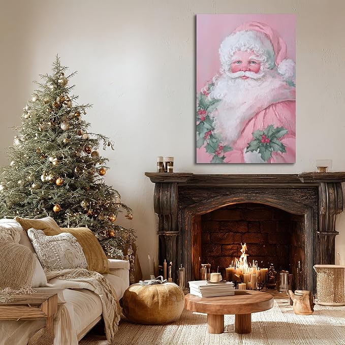 YONICA Christmas Canvas Wall Art Pink Santa 28x40 Inch Soft Pastel Holiday Art for Nursery - Large Framed Gallery Wrapped Kids Room Decor