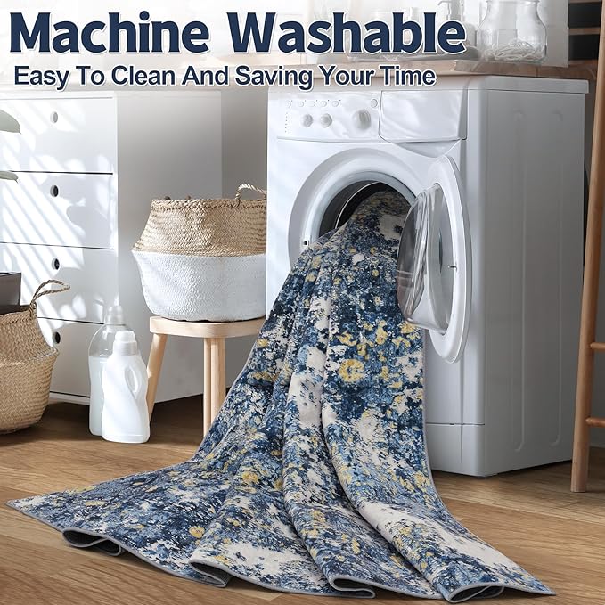 Area Rug Living Room Rugs: 5x7 Washable Rug with Anti-Slip Backing Non-Shedding Stain-Resistant Foldable Modern Abstract Carpet for Bedroom Dining Room Nursery Home Office (Blue/Multi)