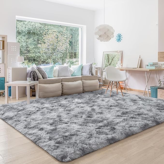 BENRON Fluffy Rugs for Living Room 5x8 Tie-dye Grey, Washable Large Area Rugs for Bedroom Dining Table Office Kids Nursery Room, Washable Indoor Floor Carpets