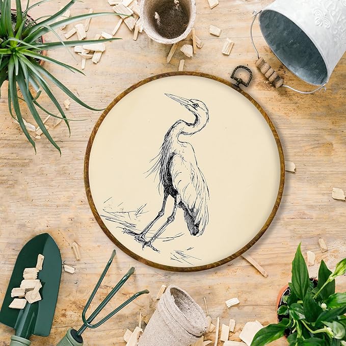 Hiuwevt Vintage Heron Bird Round Wall Art Decor, Retro Neutral Sketch Heron Framed Canvas Prints, Coastal Bird Round Wall Hanging Decor for Home Living Room Bedroom Decorations, 10x10 Inches