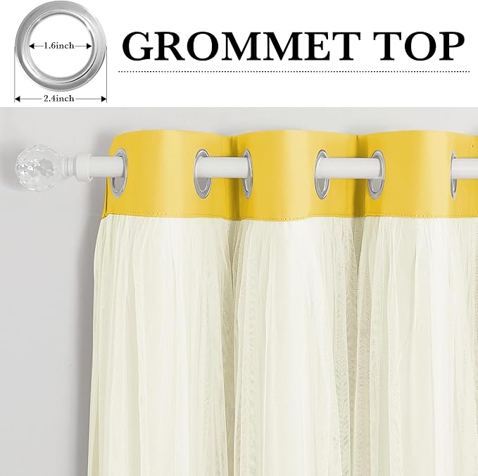 PONY DANCE Curtains 84 Inch Length - Double Layered Curtain Mix and Match Room Darkening Curtains with White Sheer Overlay Elegance Window Drapes for Kids Room with Tiebacks (One Pair, Lemon Yellow)