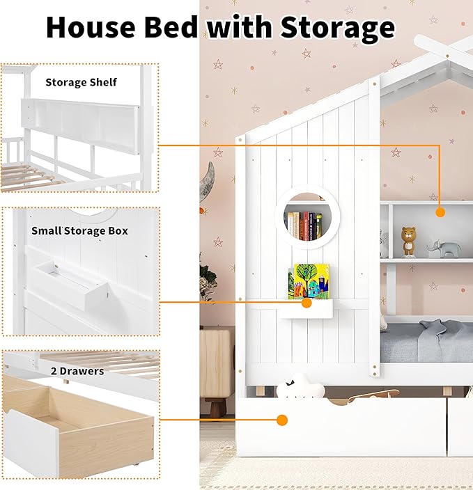 Linique Wooden Full Size House Bed with 2 Drawers and Storage Shelf,Full Platform Bed Frame with Pitched Roof,White