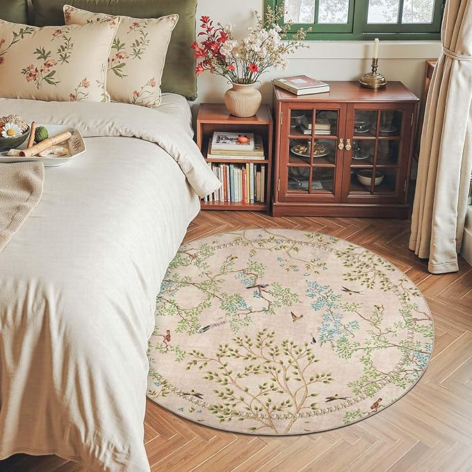 jinchan Yarden Round Rugs 4ft Beige Botanical Birds Print Machine Washable 4' Circle Nature Plants Modern Soft Non Slip Throw Area Rugs Ultra Thin Low Pile Carpet for Entryway Bedroom Kitchen Room