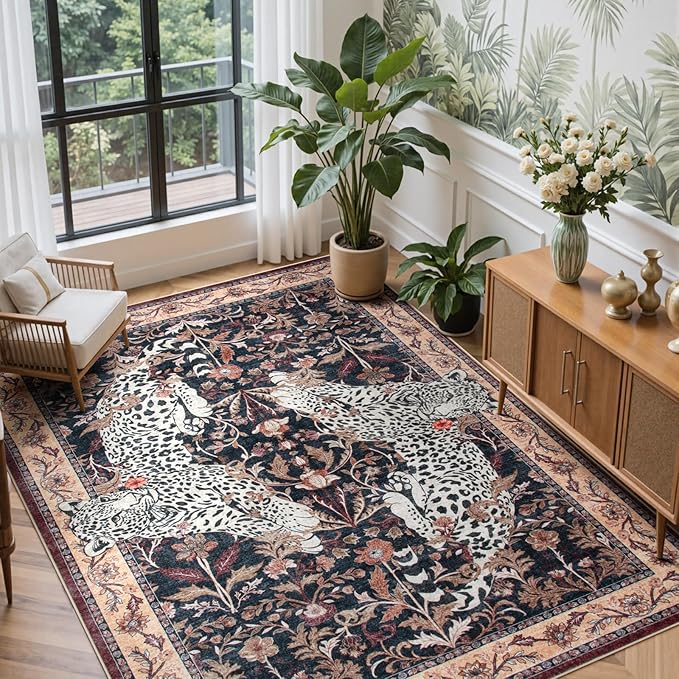 Moynesa Leopard Washable Area Rugs 8x10, Large Boho Rugs for Living Room, Vintage Non Slip Dining Room Rugs for Under Table, Ultra Thin Soft Floor Carpet for Office Bedroom, Puce Red