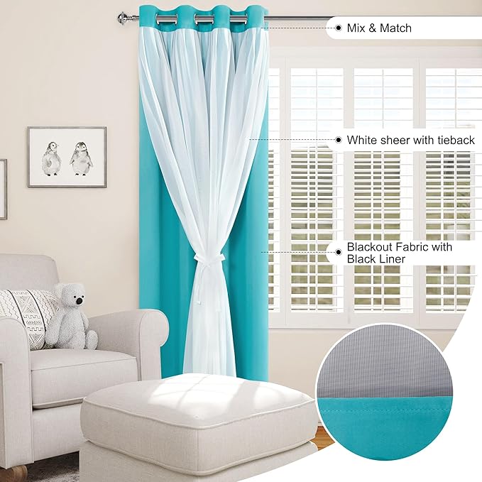 XWZO 100% Blackout Curtains with Sheer Overlay, Double Panel Grommet Thermal Insulated Privacy Curtains with Black Liner for Bedroom, Living Room, 2 Panels with Tiebacks, 52x96, Turquoise