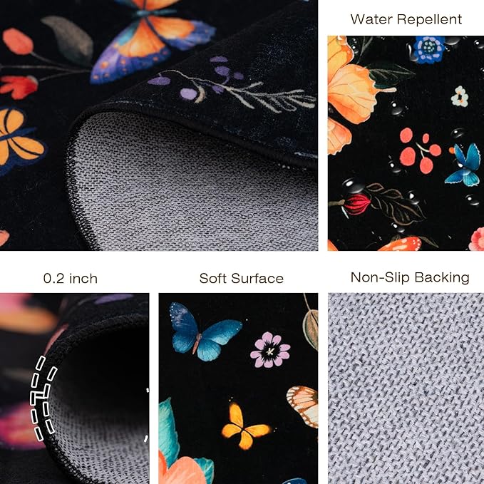 6' Machine Washable Round Area Rug, Non-Slip Vintage Floral Circle Floor Rugs for Kids, Low Pile Room Carpet for Living Room, Bedroom, Dining Room & Nursery(6' Black Floral)