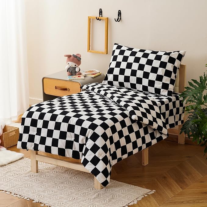KAREVER Grid Toddler Bedding Set Black White Checkered 4 Pieces Crib Bed Set Kids Pliad Comforter Set