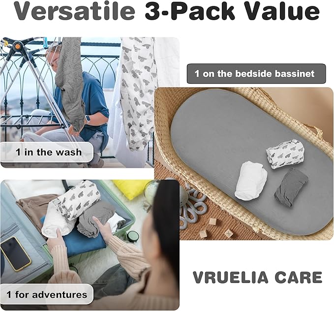 3-Pack Cotton Muslin Bassinet Sheets - Fitted Elastic Mattress Cover for Baby Boys & Girls, Breathable Bedside Bassinet Sheets Neutral Colors (Fits Oval & Rectangle Shape) (Gray)