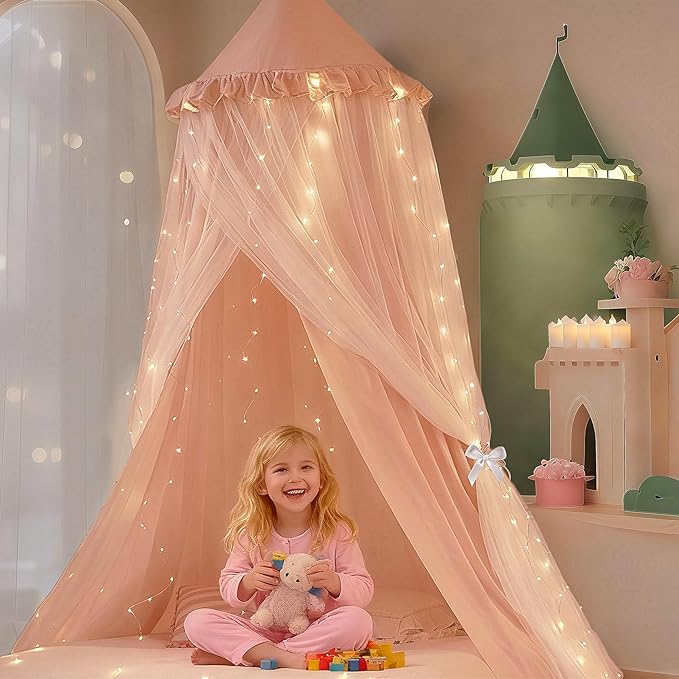 Eimilaly Princess Bed Canopy for Girls, Double Layer Canopy with 250pcs Warm White Curtain Lights, Fits Twin/Full Bed - Fairy Bed Tent for Kids Room Decor,Pink