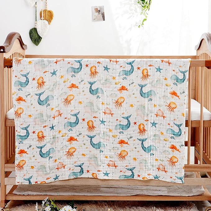 Muslin Swaddle Blankets 6-Layer Cotton Baby Blankets for Boys & Girls 43"X43"Inches Receiving Blankets,Soft Skin-Friendly Baby Crib Blanket,Breathable Quilt Bedspread(Ocean Animals)