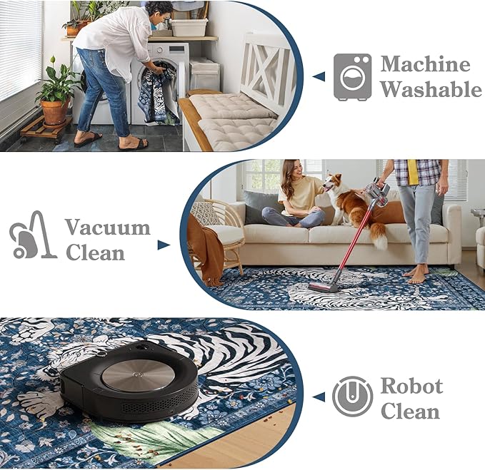 Moynesa Tiger Washable Area Rugs 8x10, Large Boho Rugs for Living Room, Vintage Non Slip Dining Room Rugs for Under Table, Ultra Thin Soft Floor Carpet for Office Bedroom, Blue