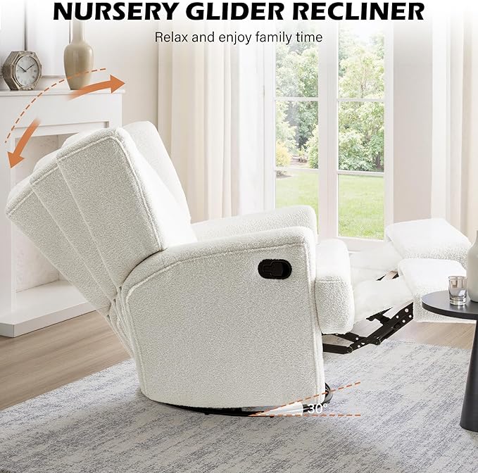 UIXE Swivel Glider Recliner Chair for Adults, Boucle High Back Accent Chair Nursery Rocker for Living Room, Upholstered Manual Reclining Sofa Seating with Deep Seat - Beige