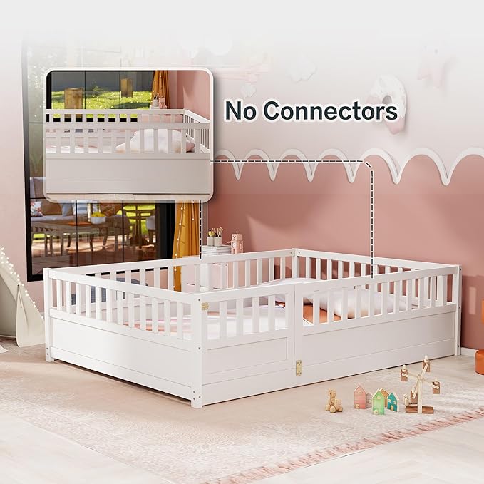 GDFStudio Full Size Floor Bed Frame with Door & Guardrails, Toddler Full Bed Frame for Boys Girls, Low to Floor Wooden Bed Rails for Toddlers, Montessori Floor Bed for Baby, No Support Slat, White
