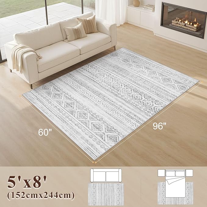 Area Rugs for Living Room Washable Living Room Rug Soft Neutral Indoor Floor Carpet Non-Slip Stain Resistant Modern Boho Rugs for Bedroom Dining Room Kids Room Nursery Office Home Light Grey