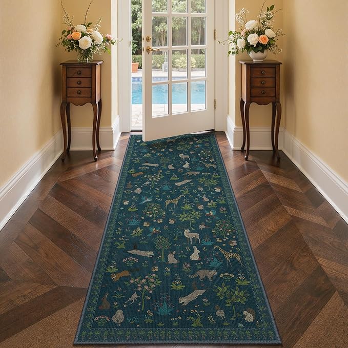 Runner Rug Non Slip 2'6''x 6', Floral Animal Print Rug Machine Washable Rug, Non Slip Low Pile Hallway Runner Carpet for Kitchen, Laundry, Bedroom, Bathroom, Midnight Blue