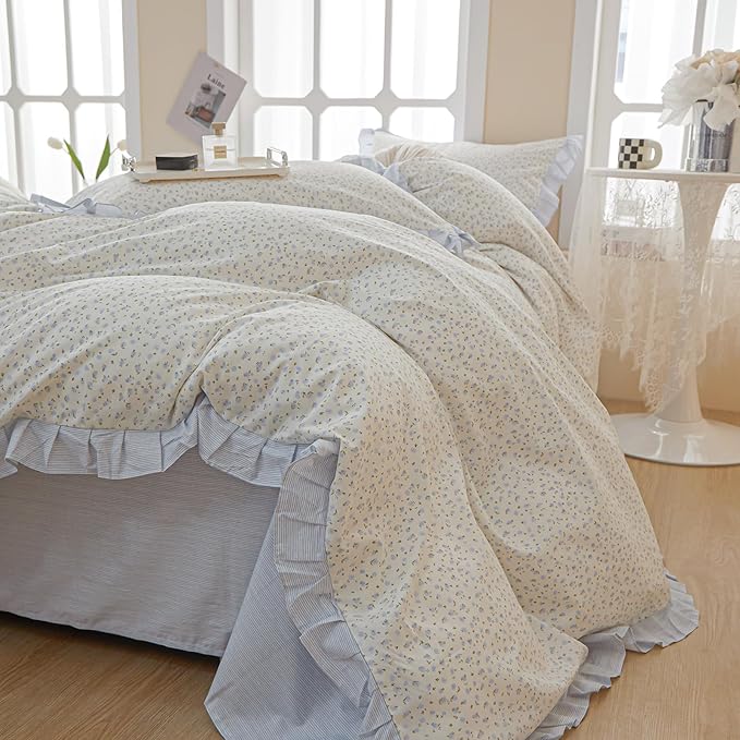 Floral Duvet Cover Queen Size Cute Blue Flower Bedding Cozy Duvet Cover Romantic Ruffle Comforter Cover Cotton Striped Girls Lace Princess Bedding Aesthetic Floral Comforter Cover with 2 Pillowcases