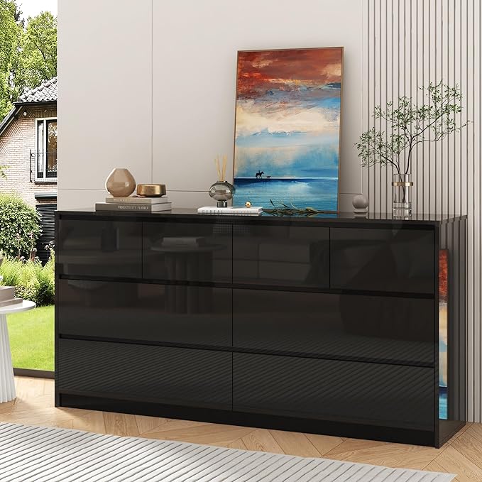 Black Malm Dresser for Bedroom, 63 Inch Full High Gloss Dresser with 8 Drawers, Modern Large Wood Chest of Drawer Handle Free, Living Room, Entryway, Hallway, Black