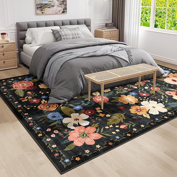 8x10 Washable Area Rug for Living Room, Floral Non-Slip Non-Shedding & Easy Care, Large Soft Low Pile Indoor Floor Carpet for Living Room, Bedroom, Farmhouse, Dining Room, Kids Playroom, Black