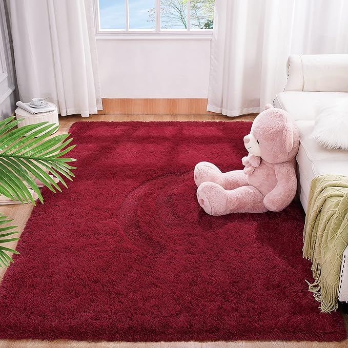 BENRON Fluffy Rugs for Living Room 6x9 Wine Red, Washable Large Area Rugs for Bedroom Dining Table Office Kids Nursery Room, Washable Indoor Floor Carpets