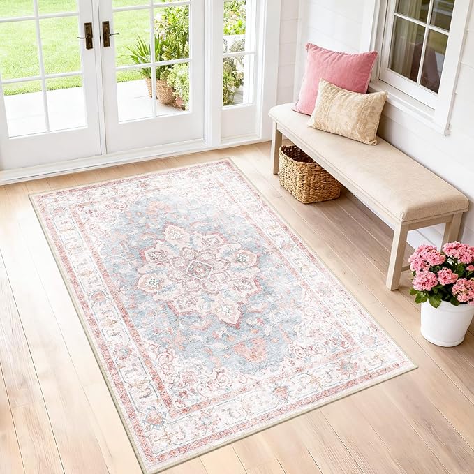 Machine Washable Rugs Nursery Rug 3x5 Cute Girl Non Slip Low Pile Water Repellent Soft Print Pattern for Bedroom Indoor Decor Kids Playroom Pinkblue