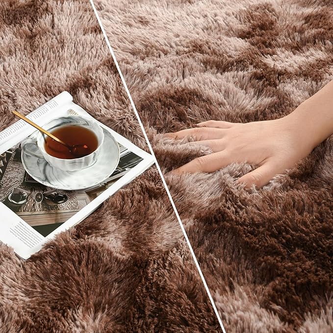 Large Shag Area Rugs 8 x 10, Tie-Dyed Plush Fuzzy Rugs for Living Room, Ultra Soft Fluffy Furry Rug for Bedroom, Indoor Carpet Nursery Rugs for Kids Room Home Decor, Coffee