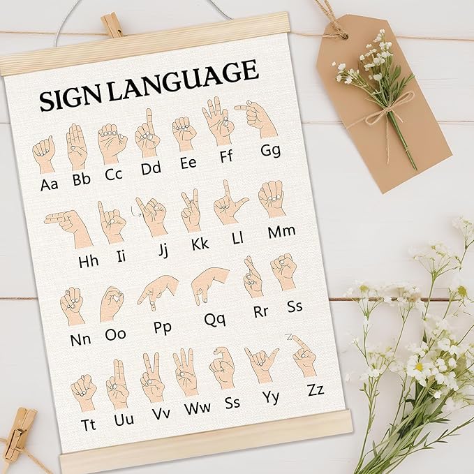 Welshower Sign Language Alphabet Poster Hanger Frame, ASL Alphabet Special Educational Wall Art Prints Decor for Classroom Toddler Kids Bedroom Nursery Playroom Framed, 12x16 Inch
