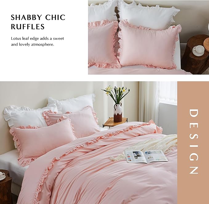 Simple&Opulence Kids 100% Organic Cotton Twin Duvet Cover Ruffle 2Pcs(1 Comforter Cover 1 Pillowcase) Cute Lace Vintage Boho Shabby Chic Farmhouse Bedding Set Teen Girls(Peach Pink,Twin)