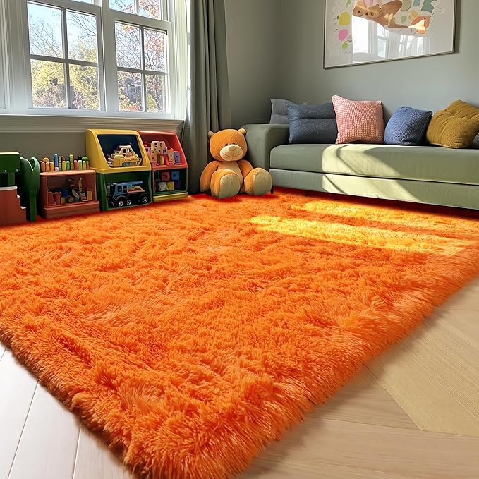 ONASAR Orange Area Rugs for Bedroom Living Room, Washable Fluffy 4x6 Indoor Bedside Floor Throw Rug, Soft Plush Shaggy Carpet for Nursery Kids Girls Boys Teen Dorm Home Office Decor Aesthetic