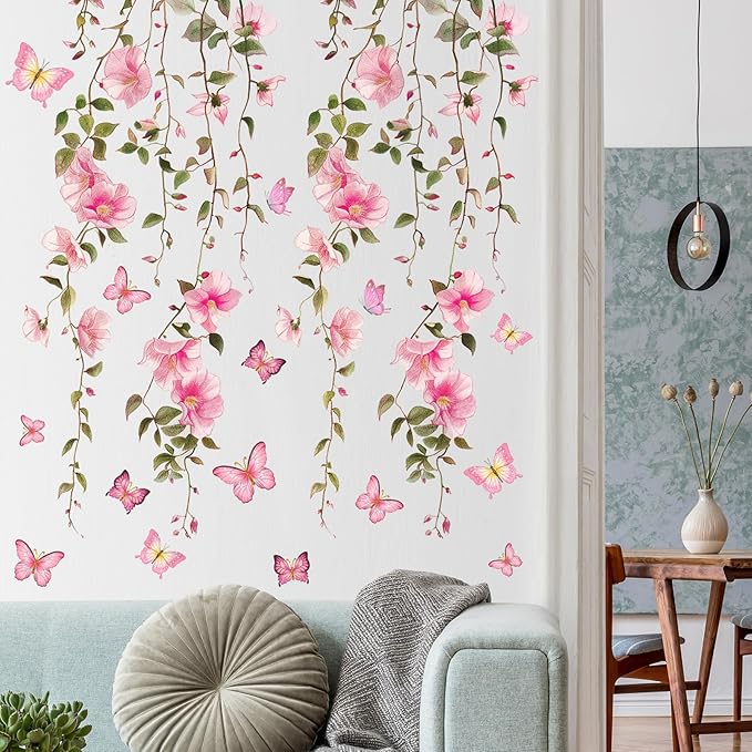 2 Sheets Removable Hanging Pink Vine Flowers Wall Decal Green Leaves Wall Decal DIY Pink Butterfly Stickers Self-Adhesive Art Decor for Girls Room Living Room Bedroom TV Backdrop Decor