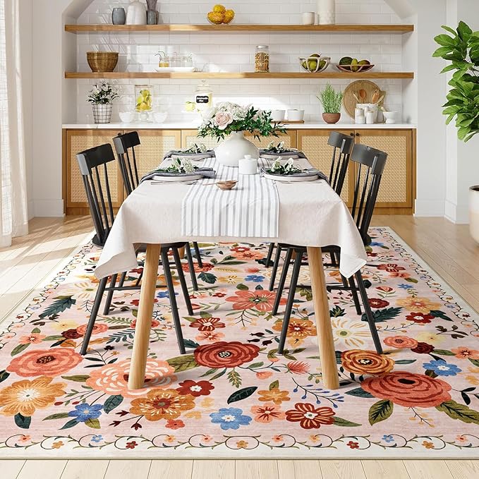8x10 Washable Area Rug for Living Room, Floral Non-Slip Non-Shedding & Easy Care, Large Soft Low Pile Indoor Floor Carpet for Living Room, Bedroom, Farmhouse, Dining Room, Kids Playroom, Beige