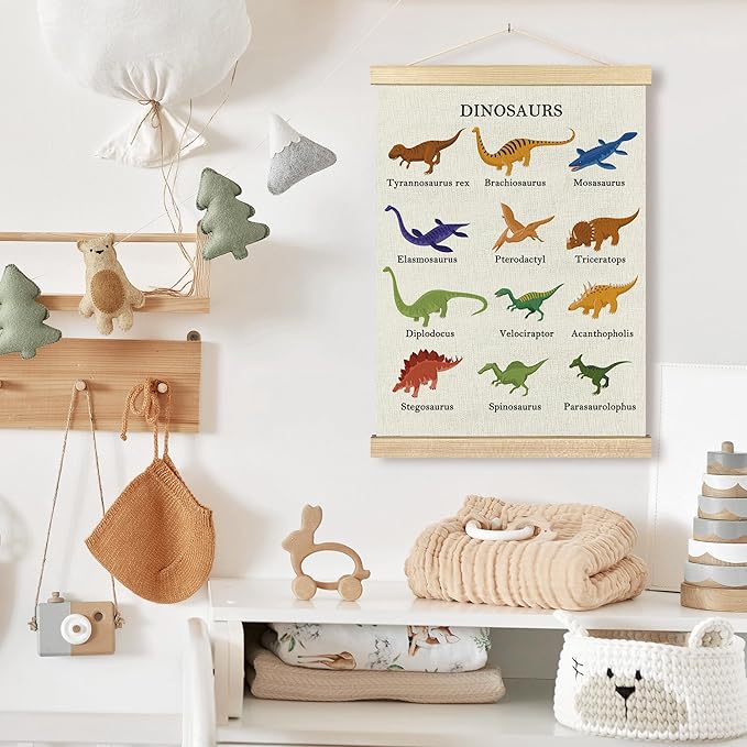 BCUANGD Dinosaur Dino Wall Decor - Baby Toddler Boys Room Wall Art Poster Hanger with Wood Frames, Inspirational Wall Hanging Canvas Decor for Kids Room Playroom Nursery Bedroom, 12x16 Inches