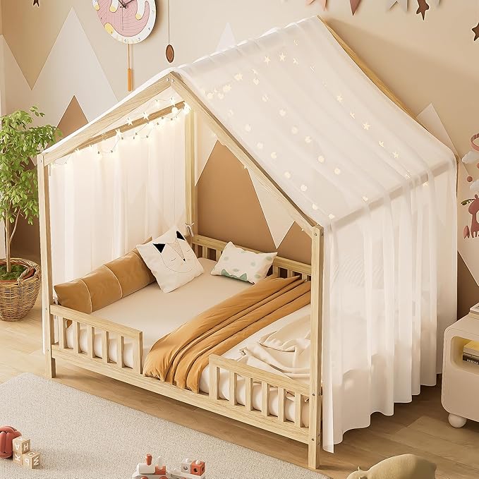 Bellemave Full House BedFrame with Canopy, Montessori Floor Bed, House Bed with Rails for Kids, Natural