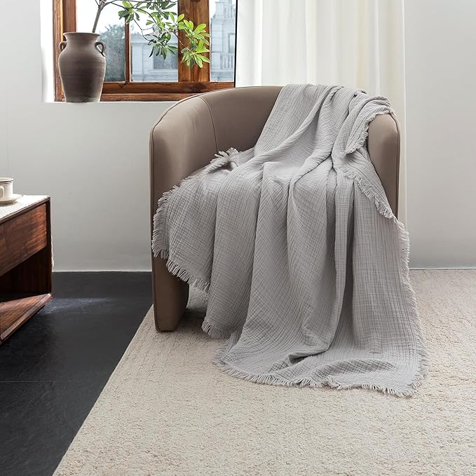 FOSSA Muslin Blanket with Fringe - 4-Layer 100% Cotton Gauze Super Soft & Breathable Throw -Lightweight Decorative Cooling Blanket for Bed, Sofa, Office -Oversize Queen Size 98" x 98" (Grayish)
