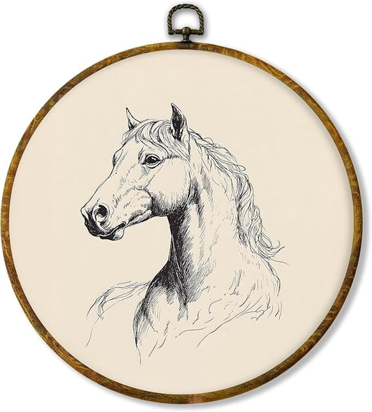 Hiuwevt Vintage Horse Round Wall Art Decor, Minimalist Sketch Horse Framed Canvas Prints, Farmhouse Animal Round Wall Hanging Decor for Bedroom Home Living Room Decorations, 10x10 Inches